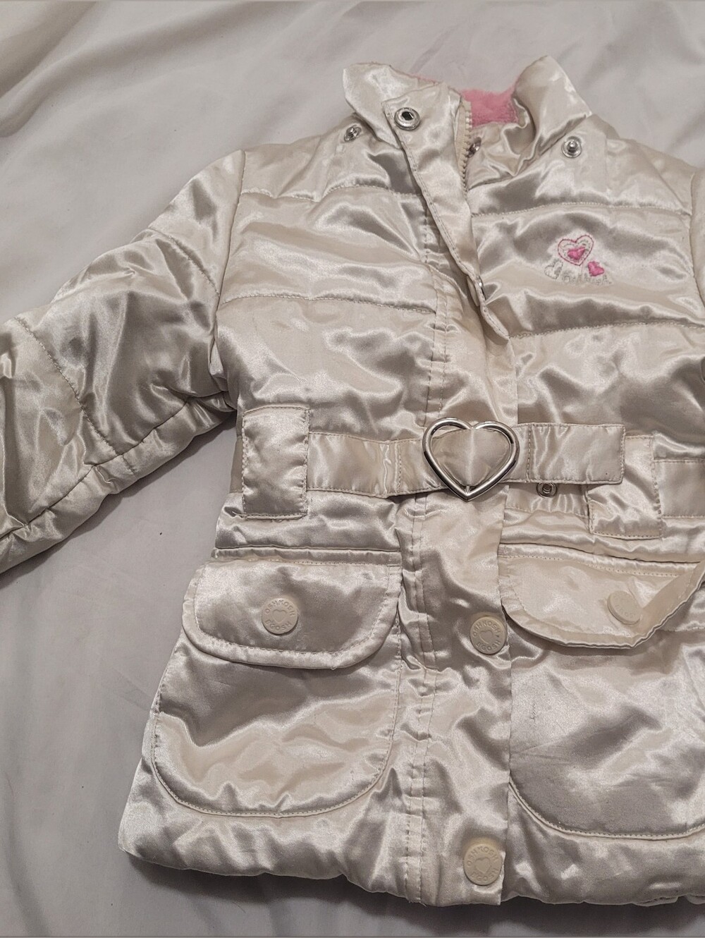 OshKosh B'gosh Ivory Satin Puffer Coat with Heart Belt